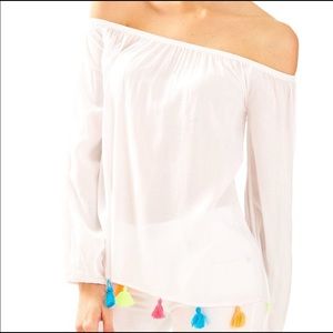 EUC Lilly Pulitzer Enna White off shoulder bright tassels top